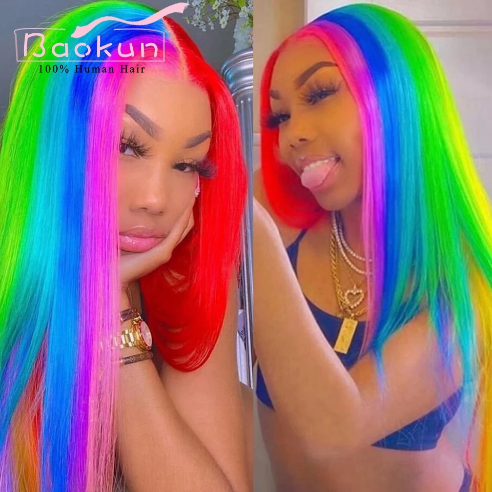 Rainbow Color 13x4 Straight Lace Front Wigs Human Hair Red Green Blue Purple Highlight Wig Transparent 13x6 HD Lace Frontal Wig