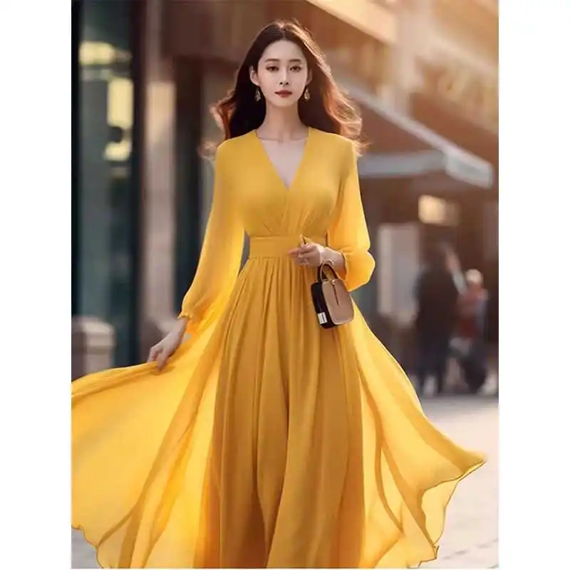 Y2K French Luxury Yellow Chiffon Dress Women 2024 Summer Long Gown Seaside Holiday Fairy Dresses Chic V-Neck A-Line Robe Clothes