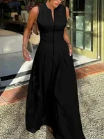 UOOZEE Office Lady Commute Pleated A-line Dress 2026 New Summer Fashion Solid Color Sleeveless Zipper Evening Maxi Dresses - Image 6