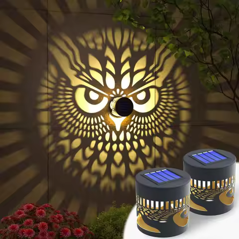 Solar Fence Lights Metal Solar Powered Owl Projector Lamp Outdoor Wall Deck Step Lights Mandala Theme for Garden Yard Decor
