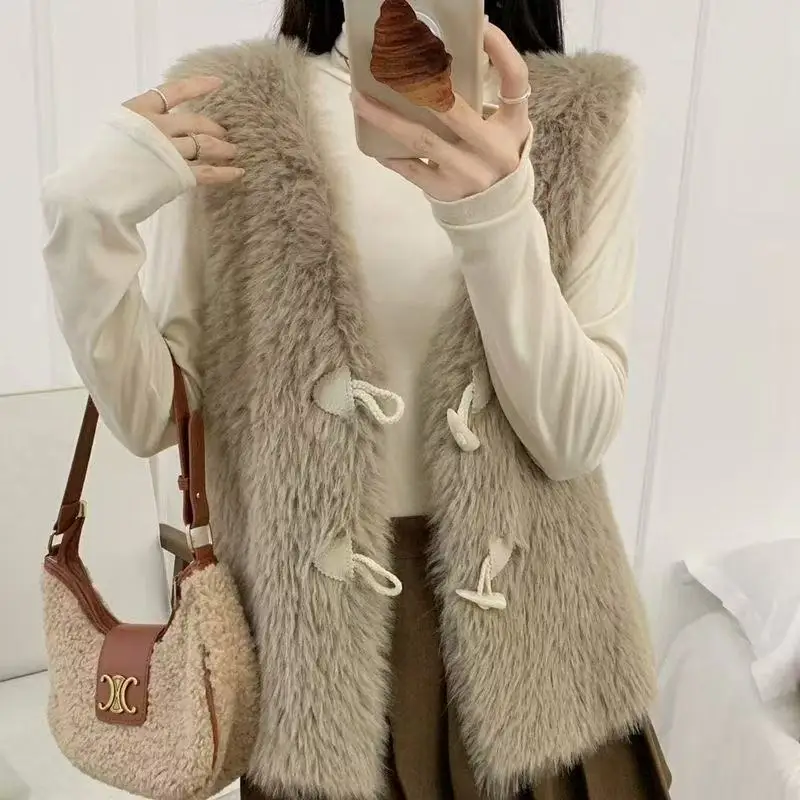 Women's Faux Mink Waistcoat Fluffy Horn Toggle Buttons Thick Knitting V-Neck Knitting Cardigan Vest Preppy Style Sweater Coats