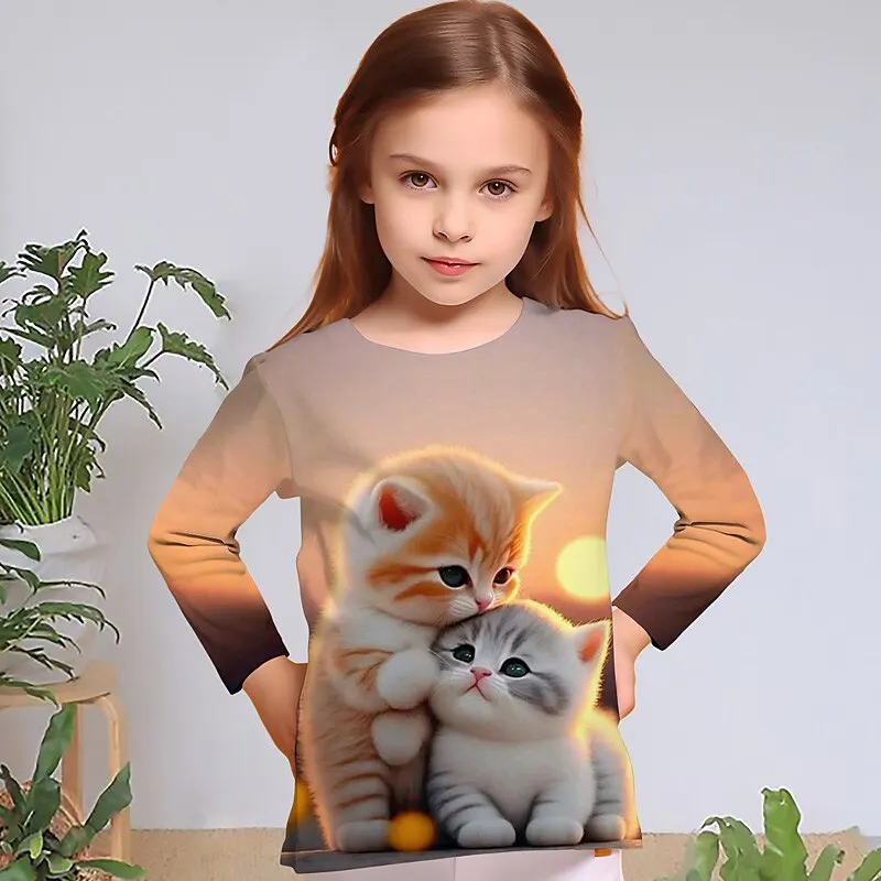 3D Cat Graphic T Shirts Autumn Clothing for Girls O-Neck Streetwear Top Long Sleeve T-Shirt Cartoon Animal Children\'s T-Shirts