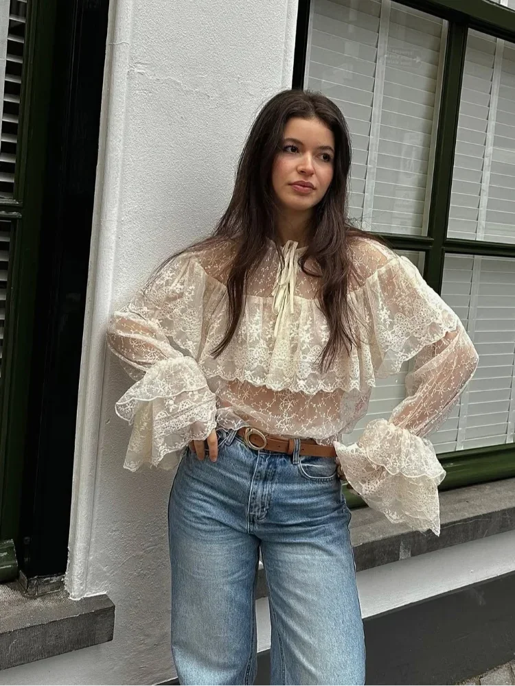 Chic Print See Through Layered Ruffles Women Shirts Retro Loose  Lace Up Full Sleeve Cropped Blouse 2025 Lady New Highstreet Top