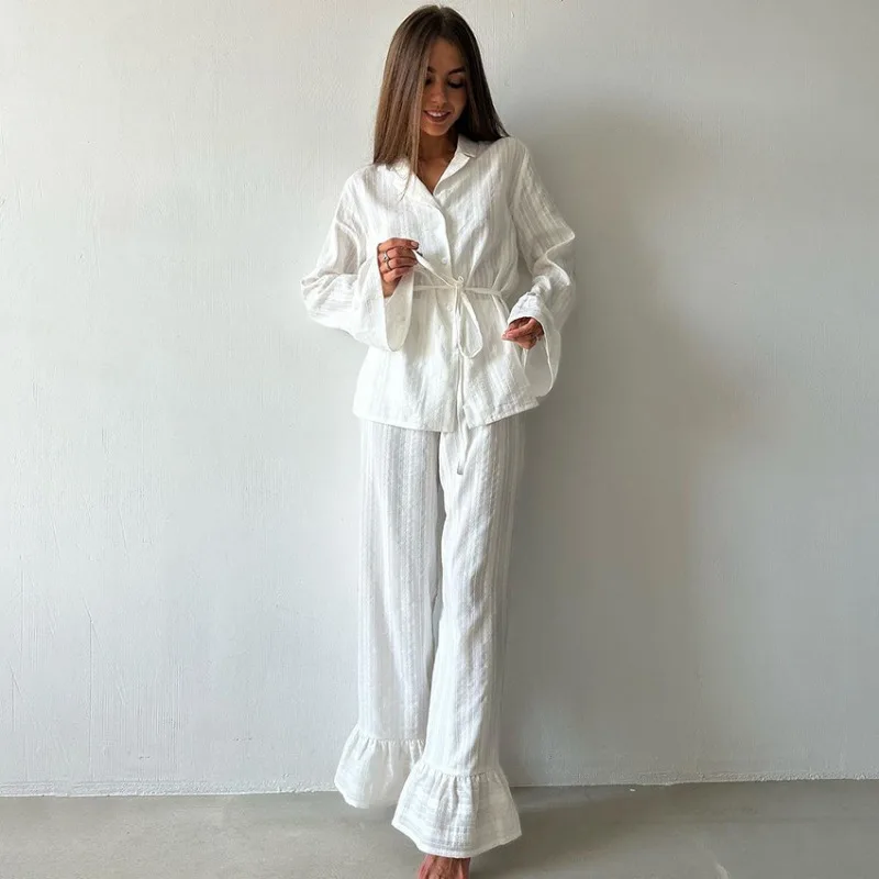 

Marthaqiqiq Casual Women Nightgown 2 Piece Suit Long Sleeve Nightwear Turn-Down Collar Sleepwear Pants Loose Home Clothes Ladies