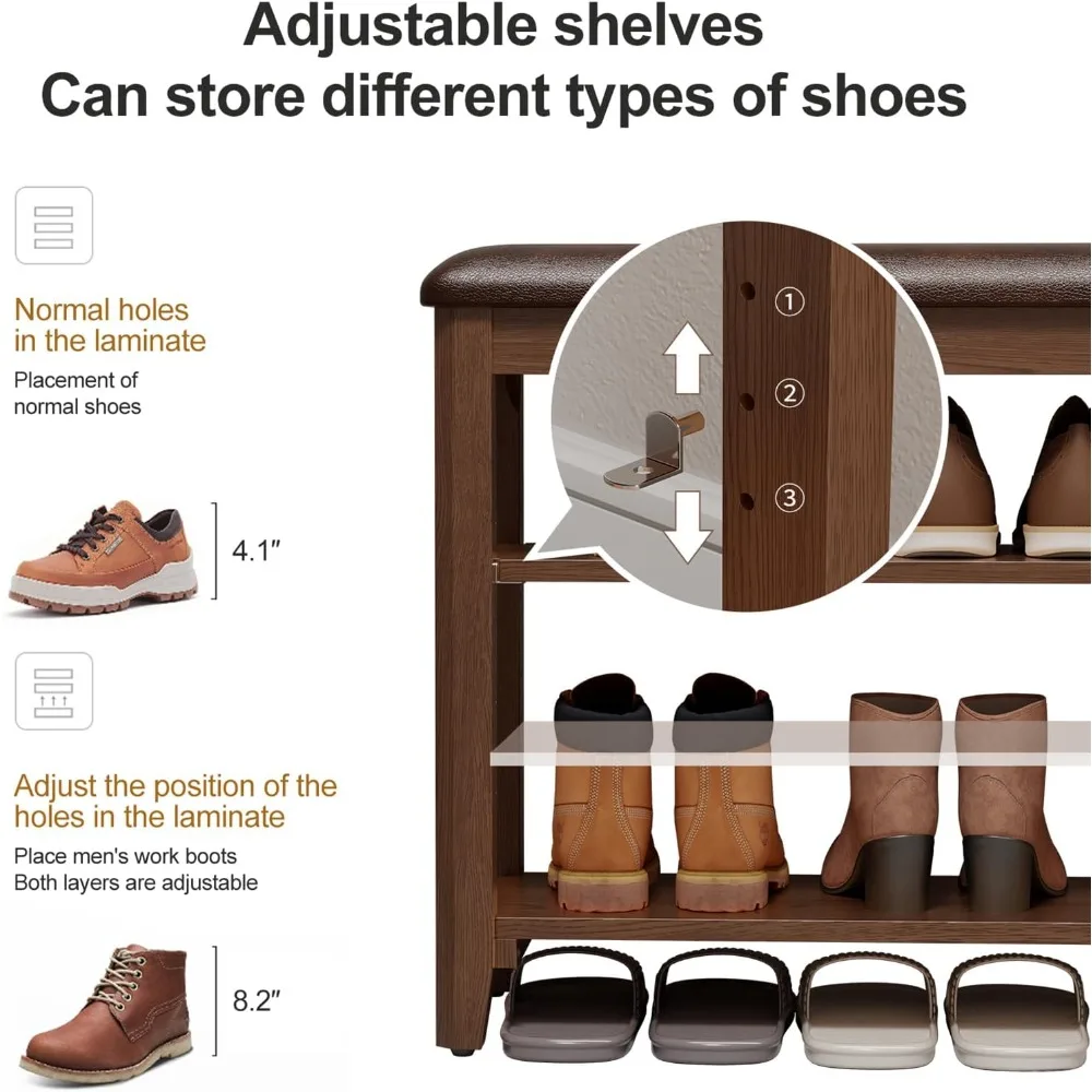 مقعد تخزين الأحذية من الخشب الصلب بارتفاع قابل للتعديل مع وسادة للمدخل وغرفة النوم والممر بلمسة نهائية من خشب الجوز