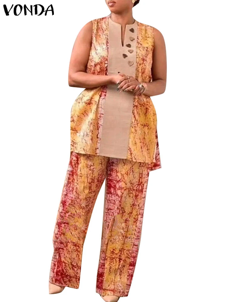 

Plus Size VONDA Bohemian Women Pant Sets 2024 Summer Suits Sleeveless Printed Tops Elastic Waist Long Trousers Casual Loose 2PCS