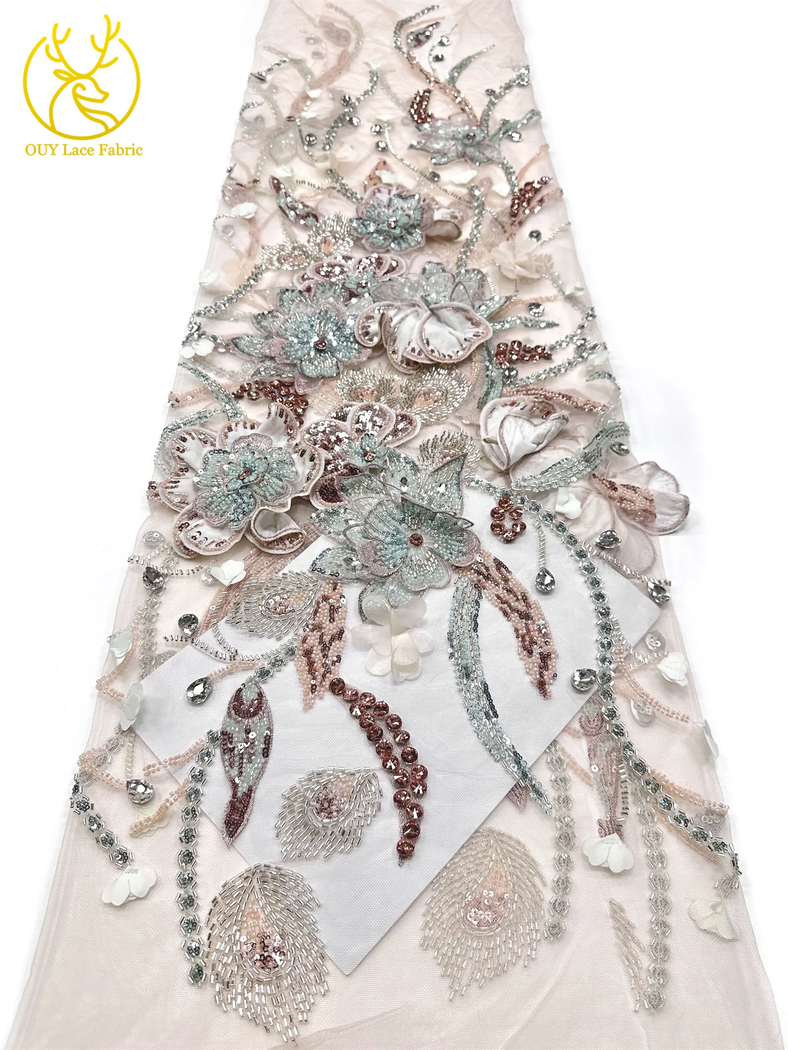 Handgefertigter Luxus Maßgeschneiderter 3D-Stickerei-Blumen-Edelstein-Spitzenstoff Afrikanischer Perlen-Pailletten-Spitzenstoff für Brautkleider – Detail 8