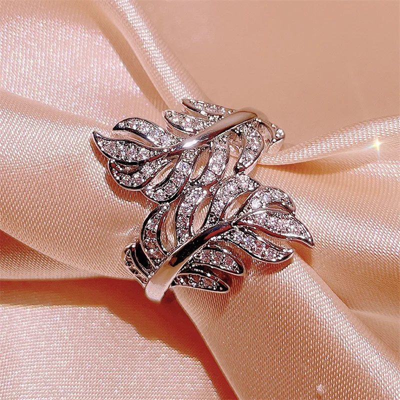 Huitan Fancy Cross Design damski pierścionek z liściem moda wszechstronne kobiece pierścionki wysokiej jakości srebrny trend w kolorze biżuterii prezenty — zdjęcie 3