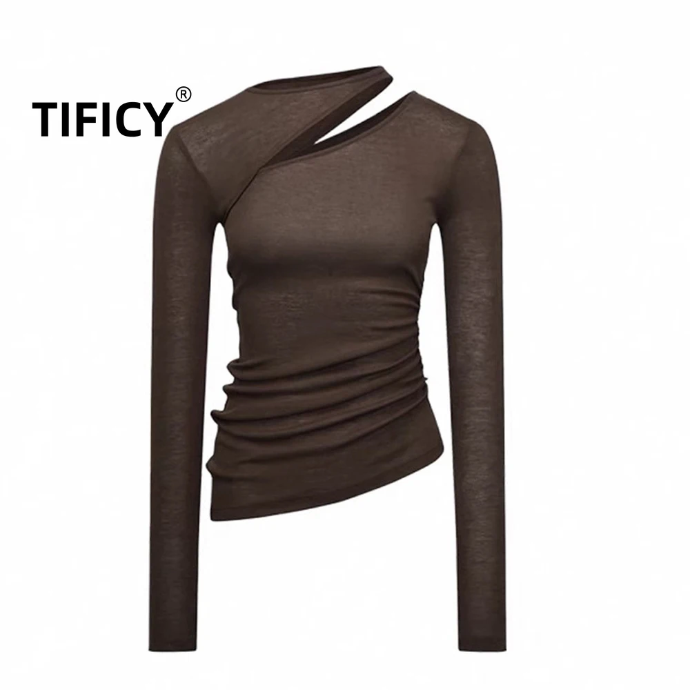 

High Street Tees Detachable Diagonal Shoulder Tencel Wool Top Women's Spring and Summer New Tshirts Slim Bottoming Tops Products