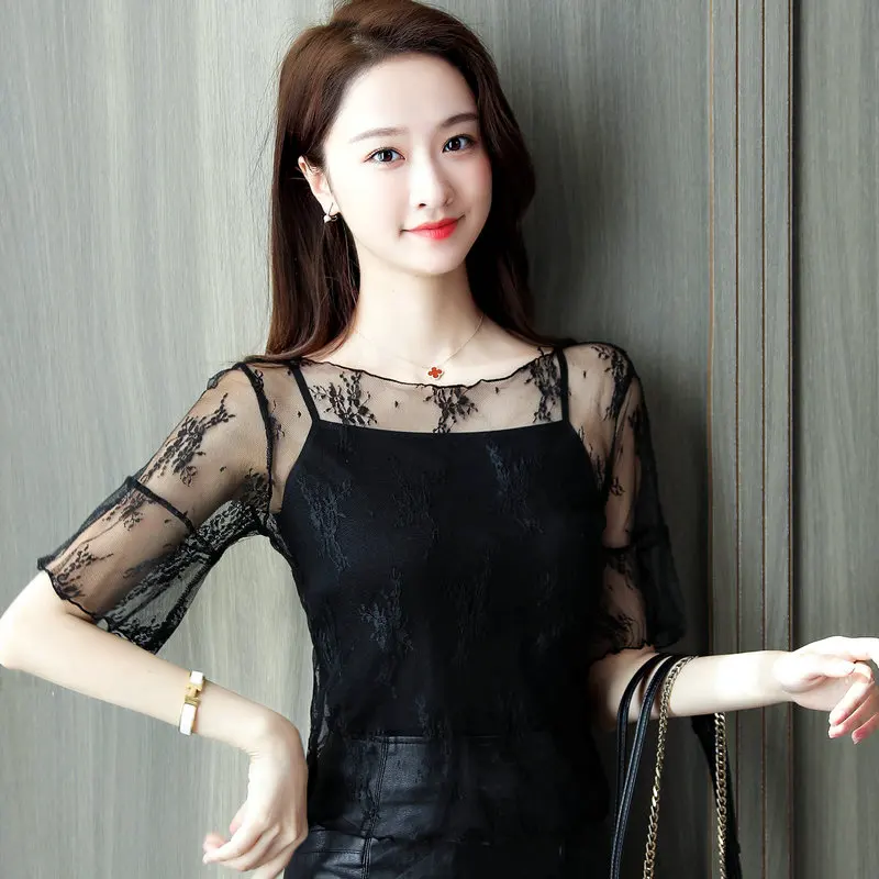 

Прозрачная кружевная женская блузка с коротким рукавом, сетчатая, тонкая, летняя, для ношения под юбку, как нижнее белье