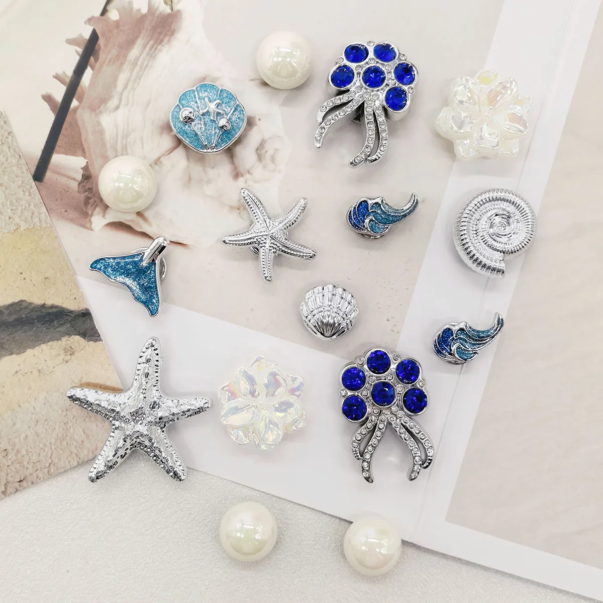 16PCS Bling Ocean Octopus Starfish Clog Shoe Charms Accessories Beach Shell Shoe Buckles DIY Decorations Faux Pearls Shoe Clips
