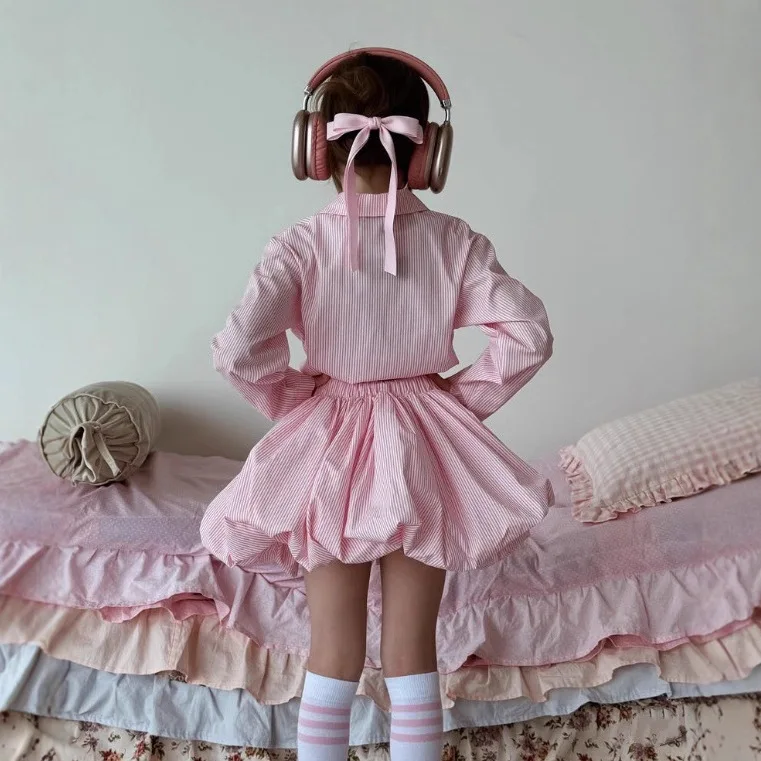 2025 meninas russas primavera e outono algodão listrado americano rendas até camisa meia saia crianças conjunto de duas peças