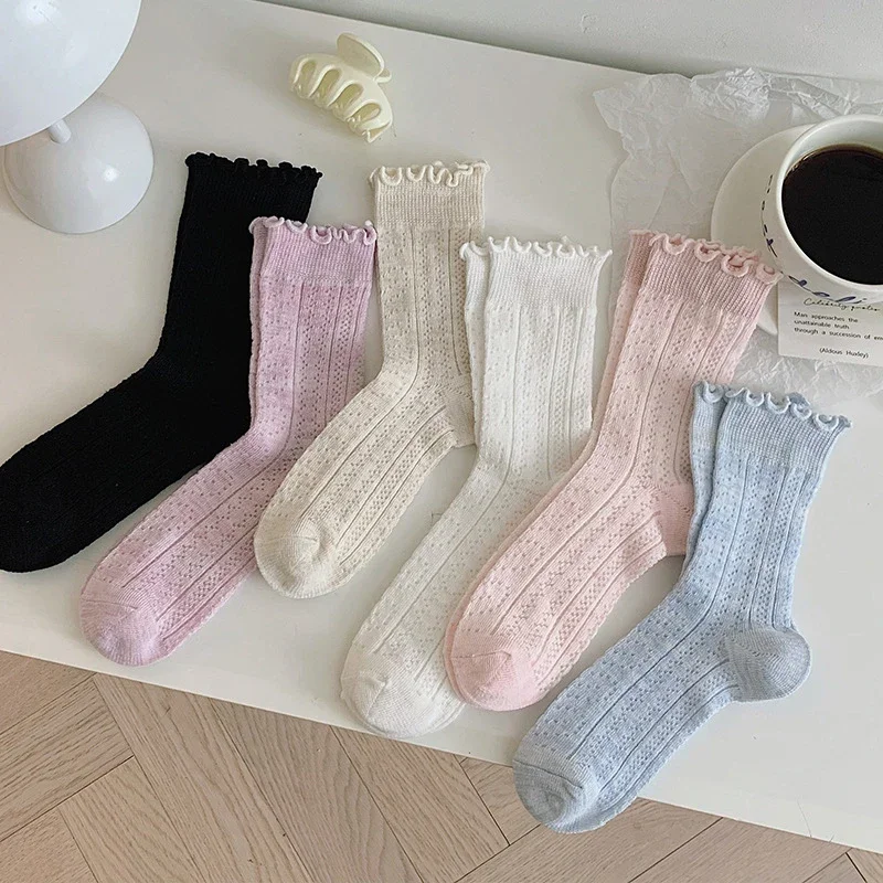 Women Socks Lolita Kawaii Cute Thin Mesh Breathable Loose Long Cotton Sock Solid Color Casual Summer Fashion Girls Ankle Sox