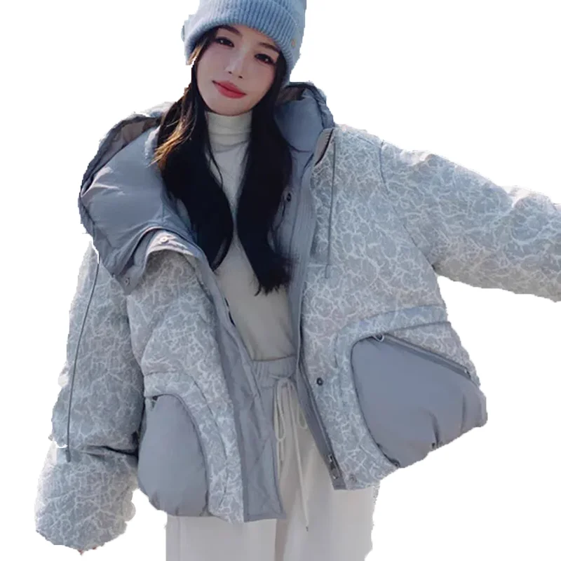 สีเทาอ่อนพิมพ์Hooded Down Jacket 2024 ผู้หญิงฤดูหนาวเกาหลีหนาสั้นเป็ดสีขาวลงเสื้อซิปหัวเข็มขัดสไตล์