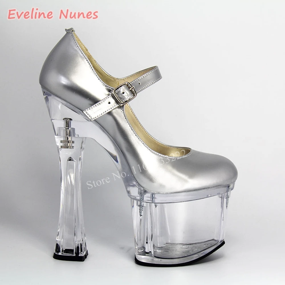 Transparent Chunky Heel Performance Pumps 2024 Women\'s Solid Platform Round Toe Ankle Strap Buckle Fashion European Sandals