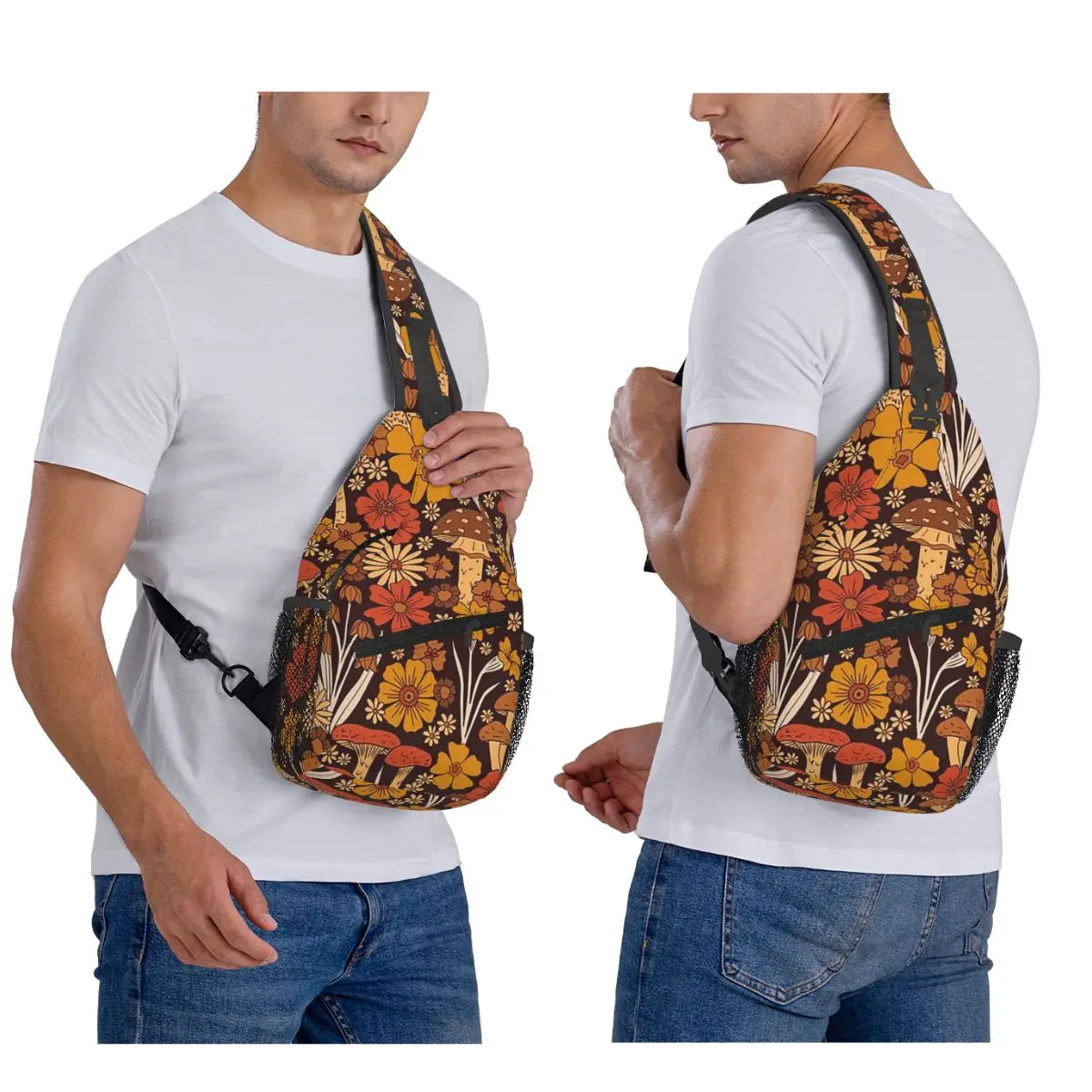 Retro 1970s Brown And Orange Mushrooms And Flowers Chest Bag Men Sling Crossbody Backpack Chest Bag Hiking Daypack Shoulder Bag