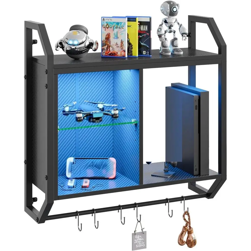 

24 Adjustable LED Gaming Wall Shelves with Glass, 6-Hook Towel Bar, Carbon Fiber Black Gaming Room Display Rack