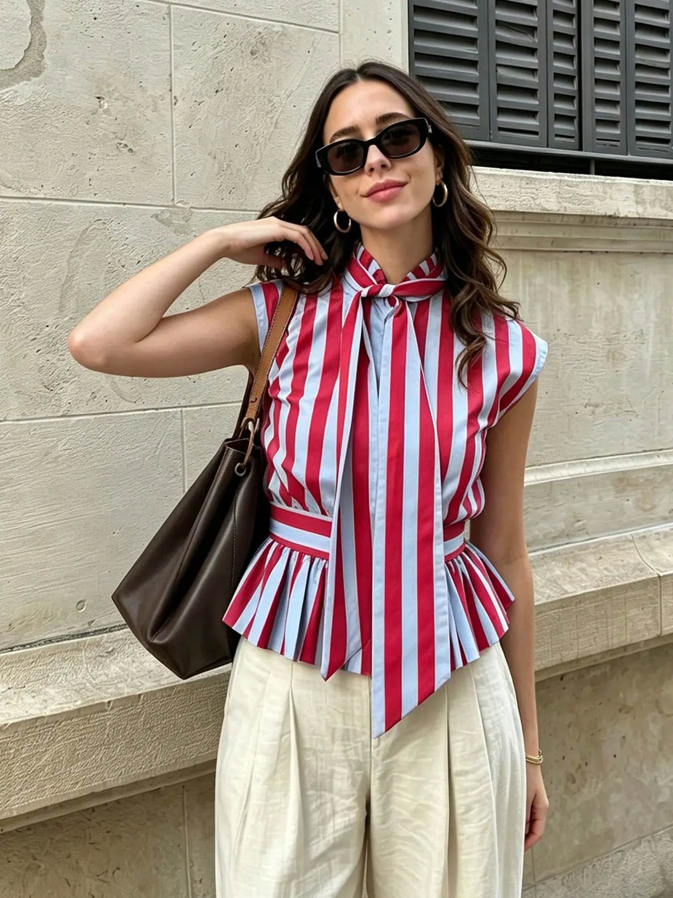 HH Women Elegant Fashion Red Blue Stripe Blouse Bow Tie Neck Single Breasted Sleeveless Shirt Casual Women High Street Chic Tops