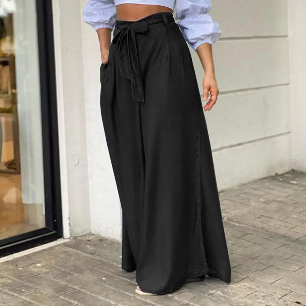 Summer Women Thin Pants Solid Color Oversized Long Bow-knot Tight Waist Wide Leg Floor Length Lady Pants Skirt Daily Clothes