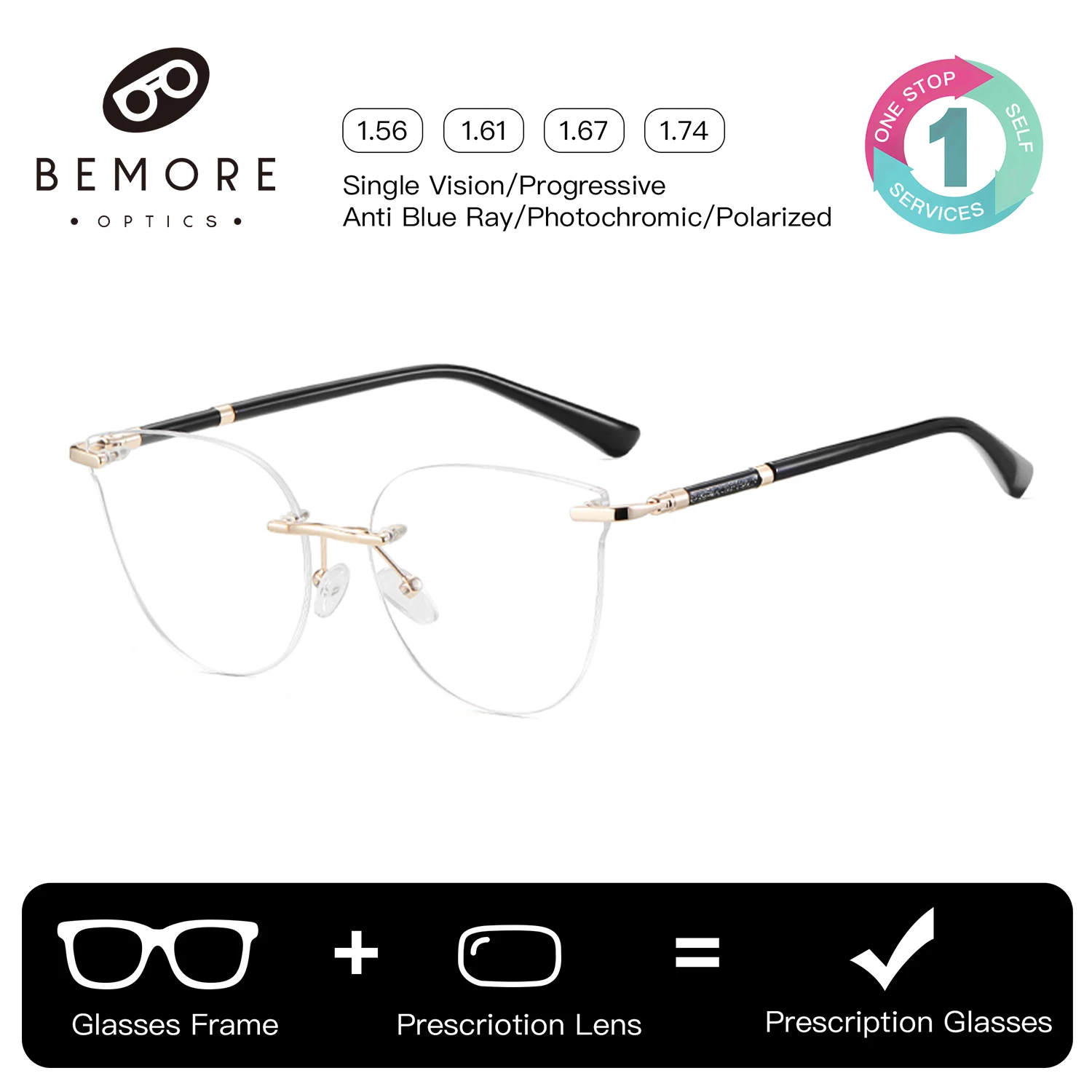

BEMORE Fashion Cat Eye Rimless Progressive Glasses Anti-Blue Light Photochromic Grey Prescription Eyewear