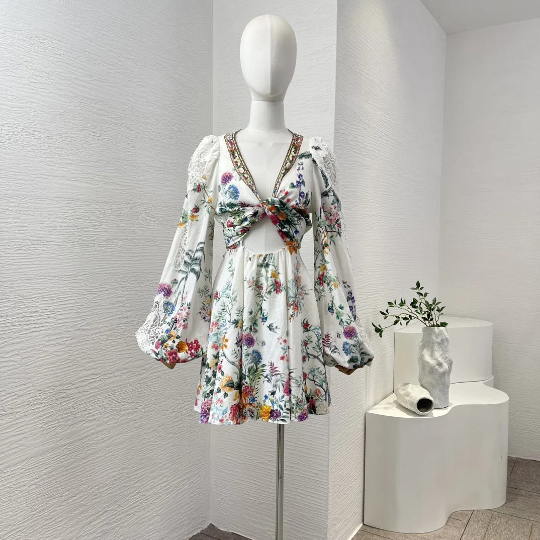 

Hollow Out Floral Print 2024 New Summer Linen Cross Tie Waist Lantern Sleeve Diamonds Women Vintage Multi-color Mini Dress