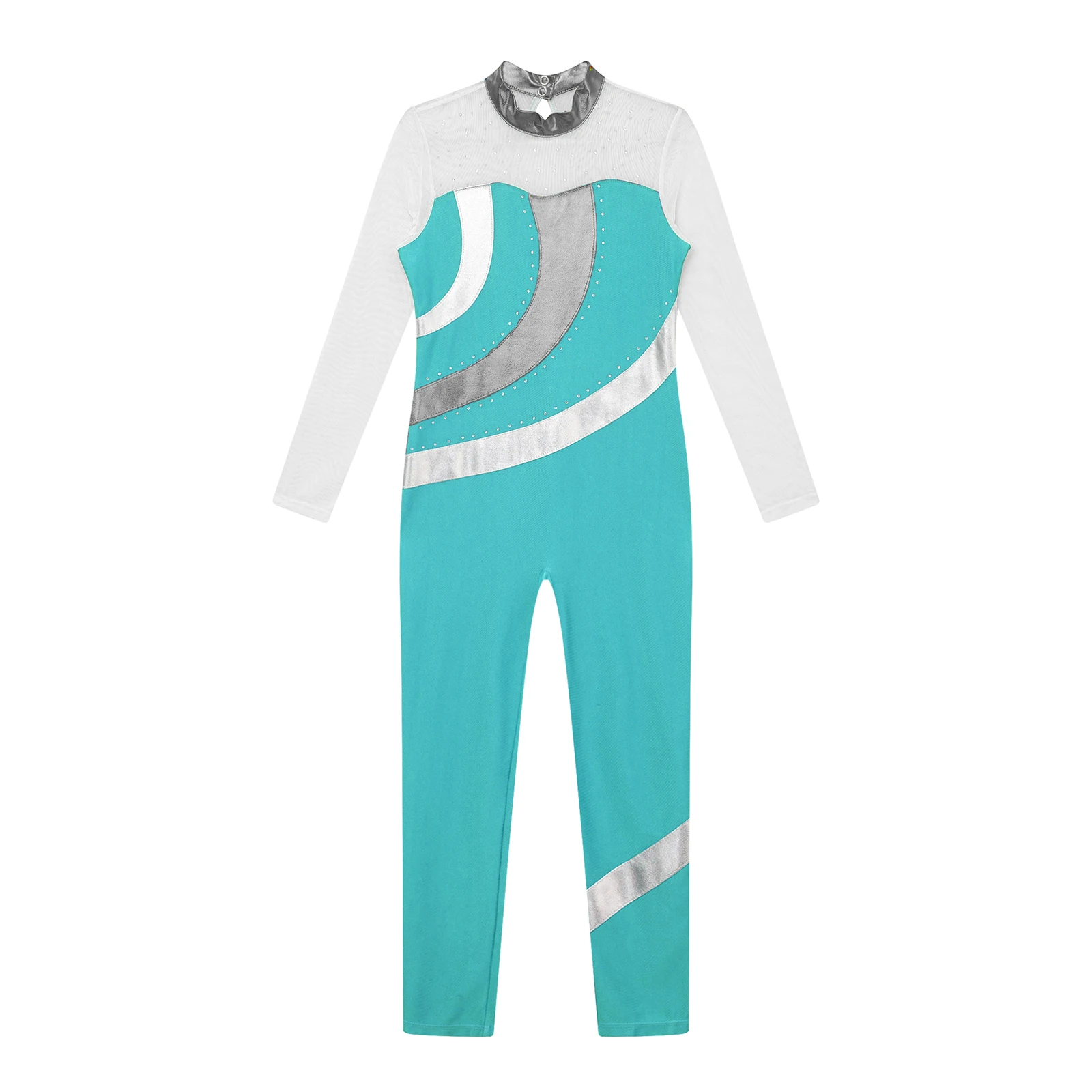 Kinder Meisjes Gymnastiek Turnpakje Metallic Jumpsuit Glanzende Steentjes Lange Mouw Full Length Bodysuit Voor Dans Kunstschaatsen