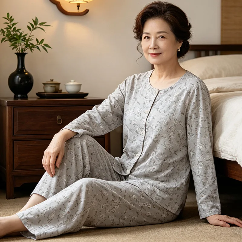 Women's Mid-Aged Round-neck Sleepwear - New Fall/Winter Style - Small Floral Print Sleepwear Set - Gray Long-Sleeved Homewear