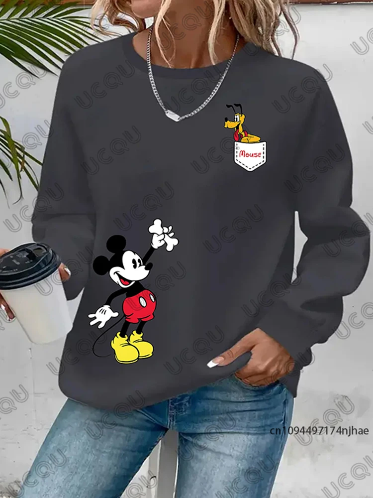 مينو ميكي ماوس وبلوتو طباعة كم طويل تي شيرت للنساء الخريف موضة بلون بلوزات غير رسمية بلوزات المتضخم