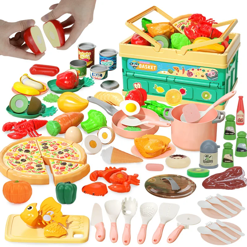 Pizza infantil, vegetais, casa, cesta de armazenamento dobrável, frutas simuladas, cozinha fofa de alegria, brinquedo de cozinha