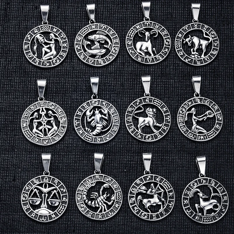 1 Set 12pcs Round Design 12 Zodiac Sign Constellations Horoscope Stainless Steel Pendant Necklace Chains