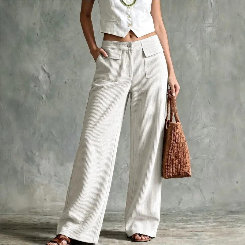 Women's Corduroy Elastic Waist Single Buckle Pockets Wide Leg Trousers Autumn Winter Casual Comfortable Loose Solid Straight Leg