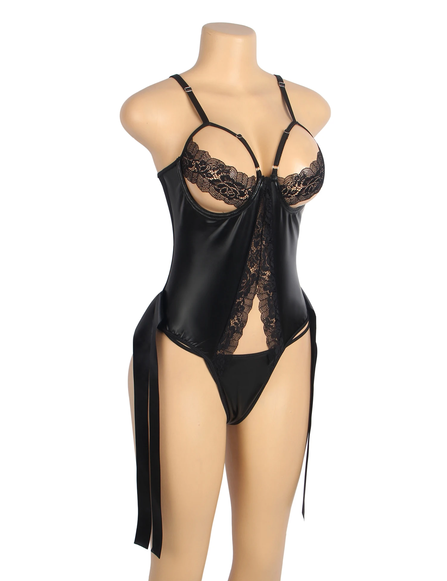 

Comeondear PU Leather Lingerie Sexy Women's Curvy One Piece Bodysuit Erotic Lace Jumpsuit Half Cup Rompers Teddy With Handcuffs