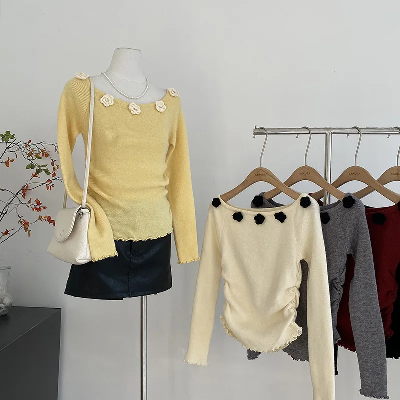 

Sweet 3D Flower Knitted Pullover Autumn Winter New Women's Long Sleeve Loose Cashmere Jumper Fashion Mori Girl Sweater Top