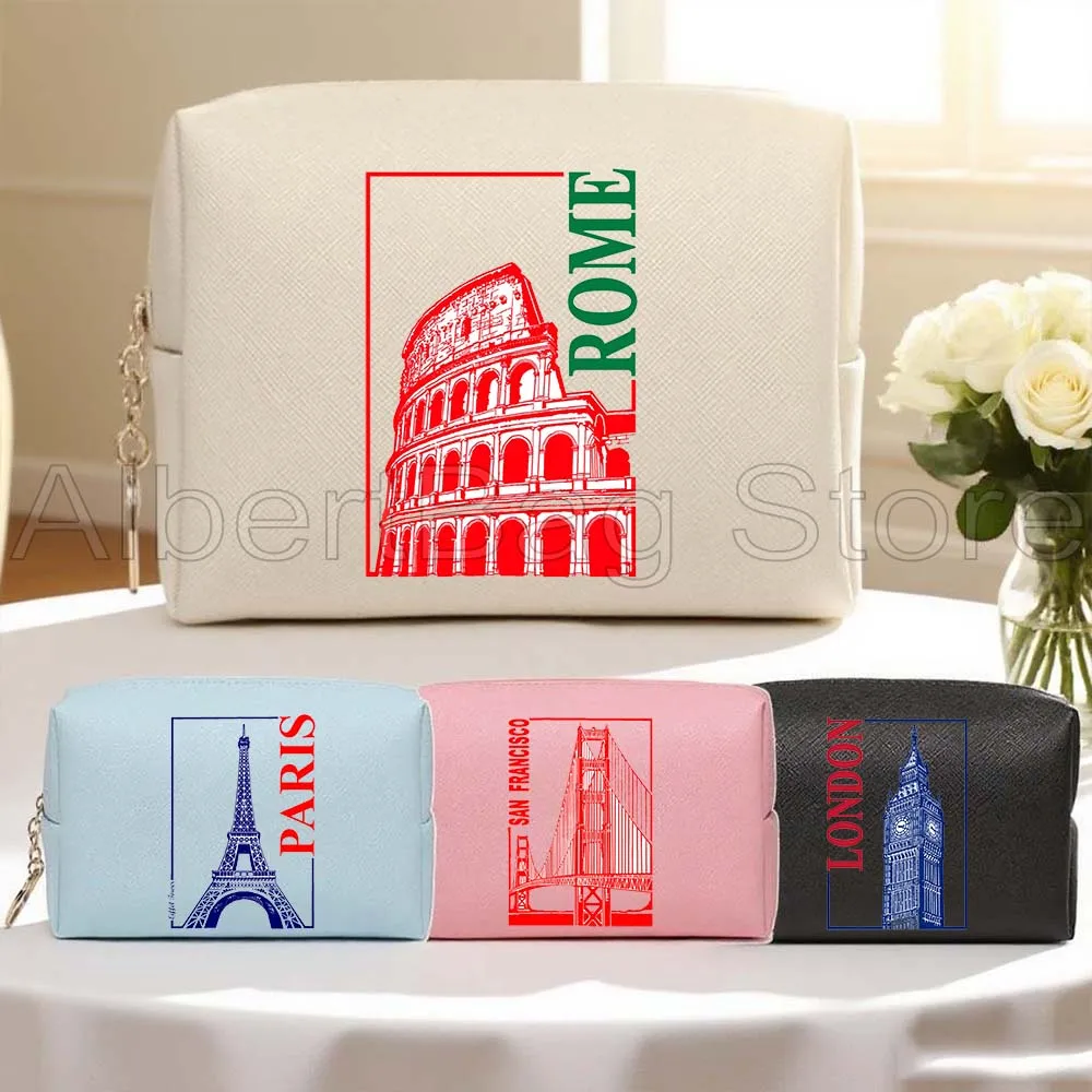 

London Los Angeles San Francisco Seattle Tokyo New York Paris Rome PU Travel Cosmetic Bags Women Makeup Waterproof Storage Bags