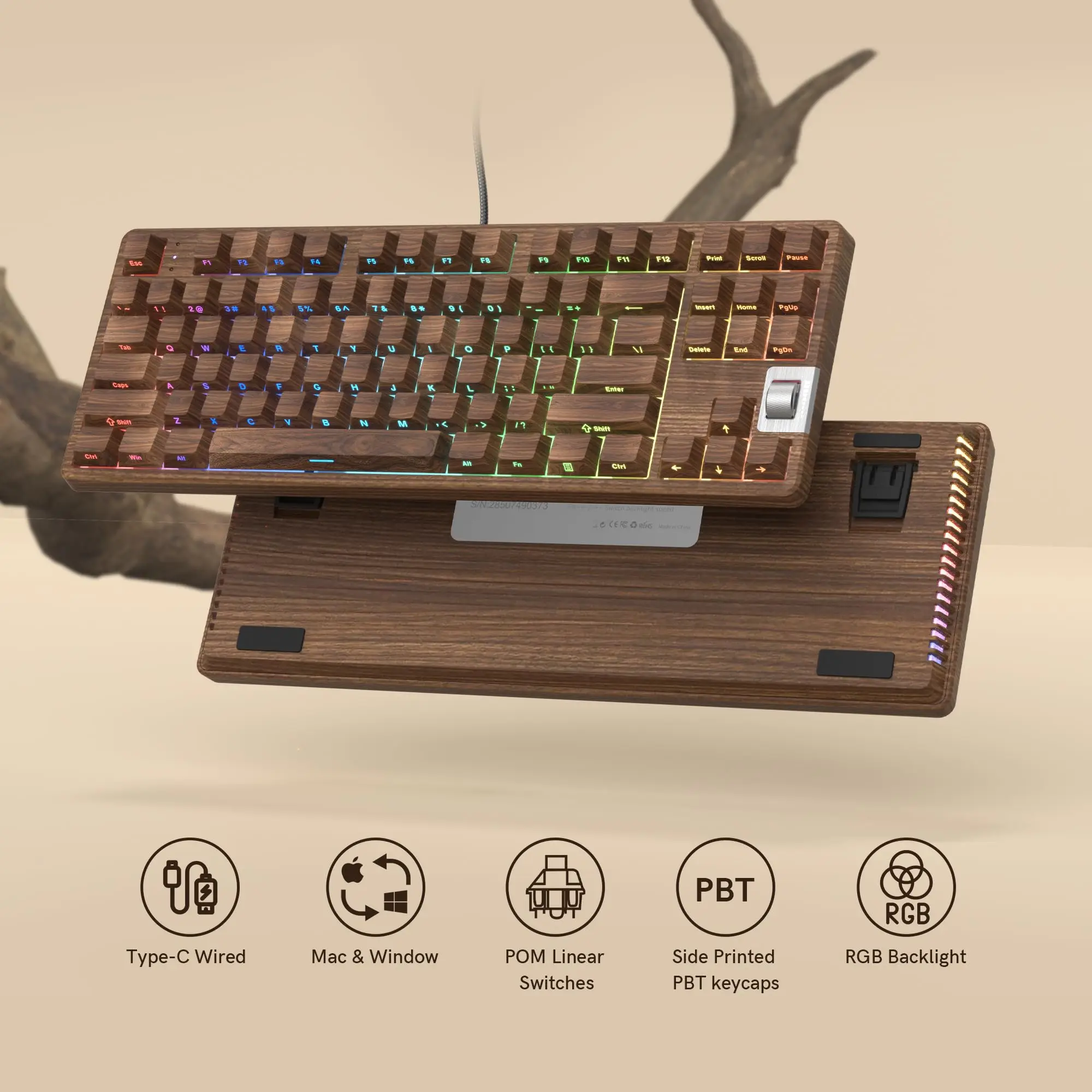 

WOMIER F87 Walnut 75% Wired Gaming Mechanical Keyboard Side Printed Backlit Program Keyboard with Pre-lubed White Switch for PC