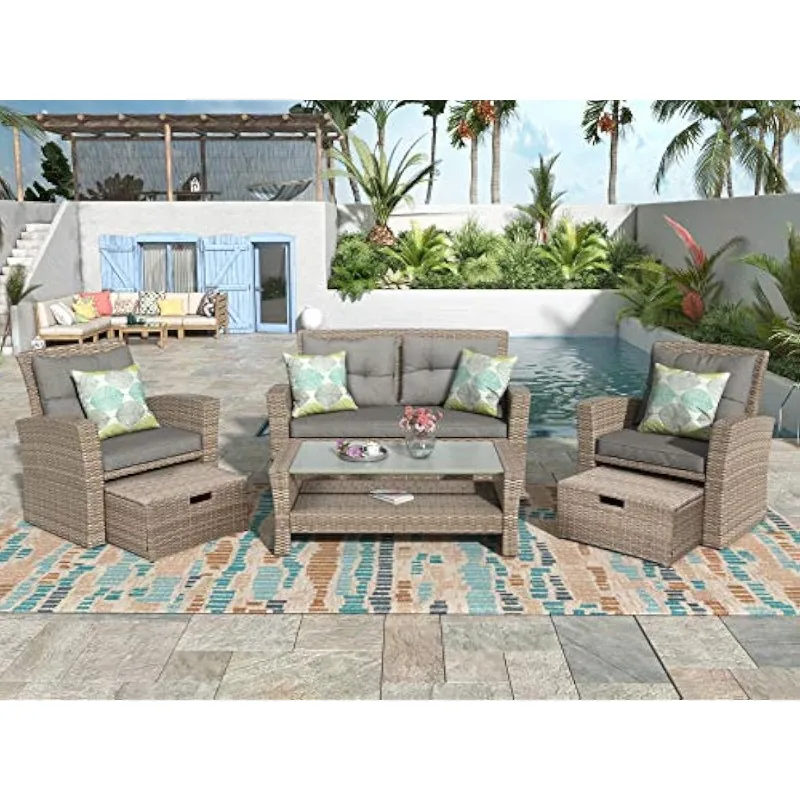 

4 Piece Outdoor Patio Furniture Weather Wicker Sectional Sofa Couch with Ottoman, Glass Coffee Table and Soft Cushions