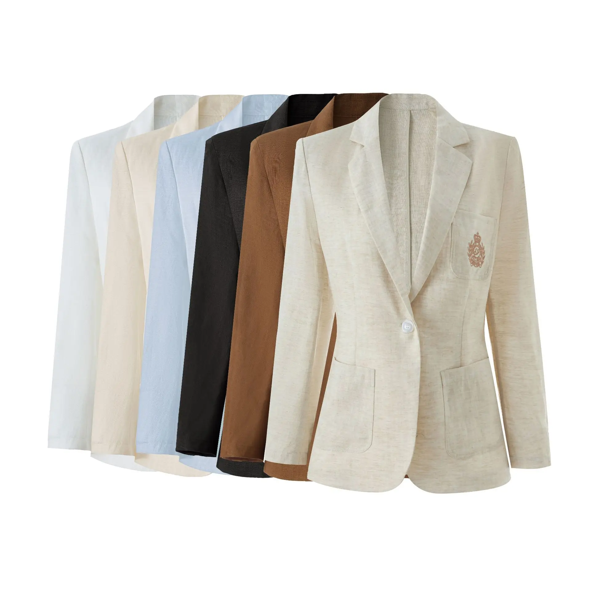 

Women In Stock Embroidery Pocket Office Wear Notched Long Sleeve Single Button Lady Solid Slim Fitted Blazer