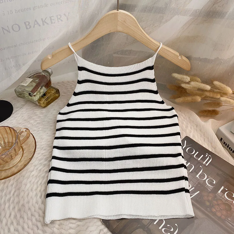 Rin Confa Women Summer New Striped Camisole Crop Top Fashion Knitted Short Tank Tops Sweet  All-Match Sleeveless Top Women