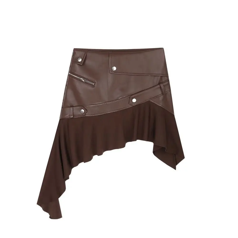 Gaganight Wasteland Retro Coffee Color PU American Skirt 2024 Autumn New Skirts Irregular Lotus Leaf Spice Girl Short Bottoms