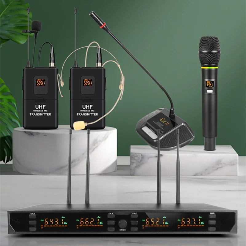 OEM free 4ch UHF karaoke dynamic wireless handheld microphone for stage show/ live streaming/conference system