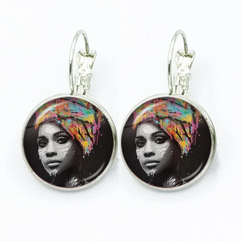 African Abstract Art Painting Afro Women Glass Cabochon French Hook Earrings Drop Earrings Jewelry Accessories Gifts