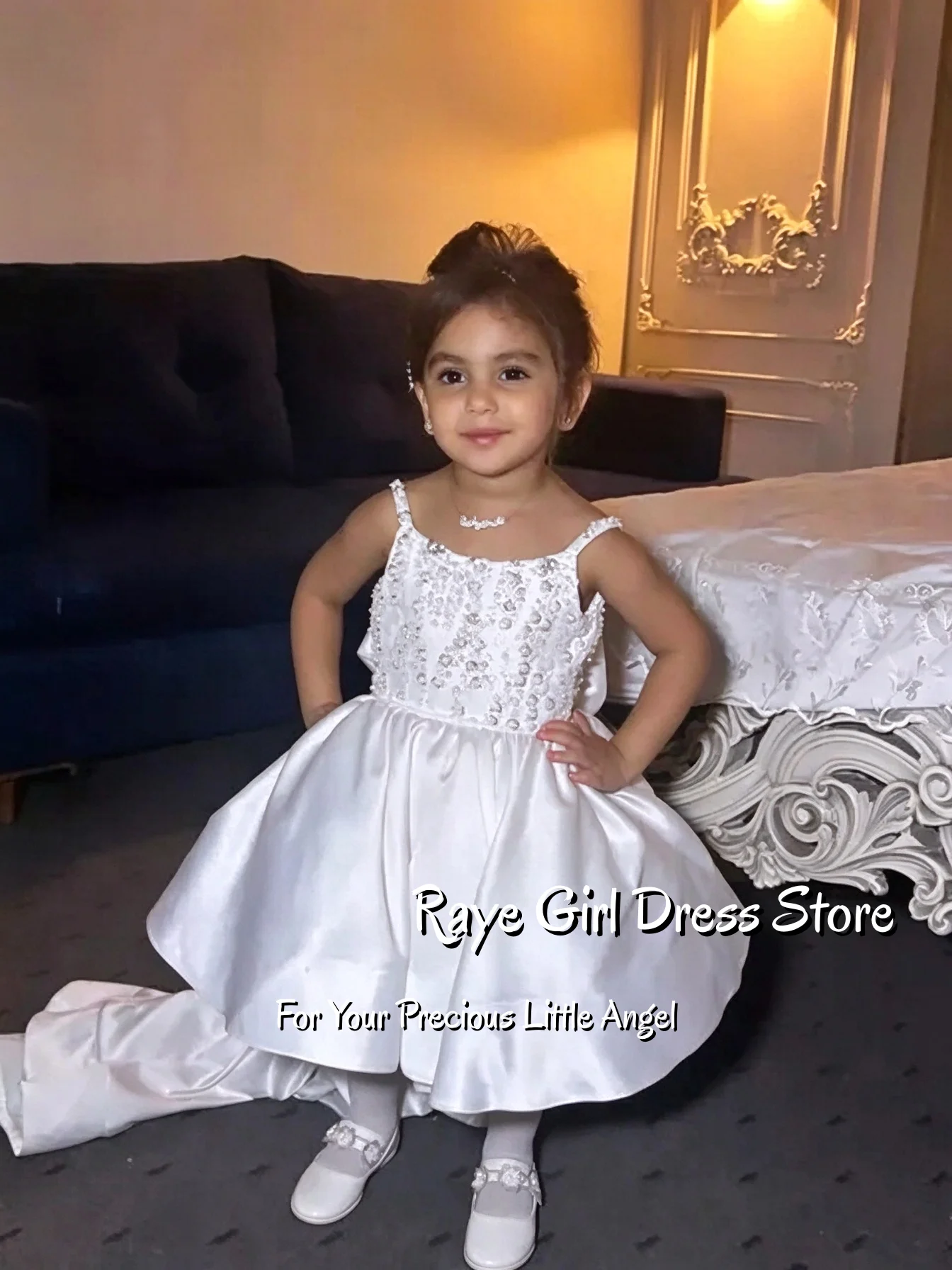 Flower Girl Dress For Wedding Birthday Pageant Formal Gowns A Line Puffy Spaghetti Straps With Train Gowns Customized