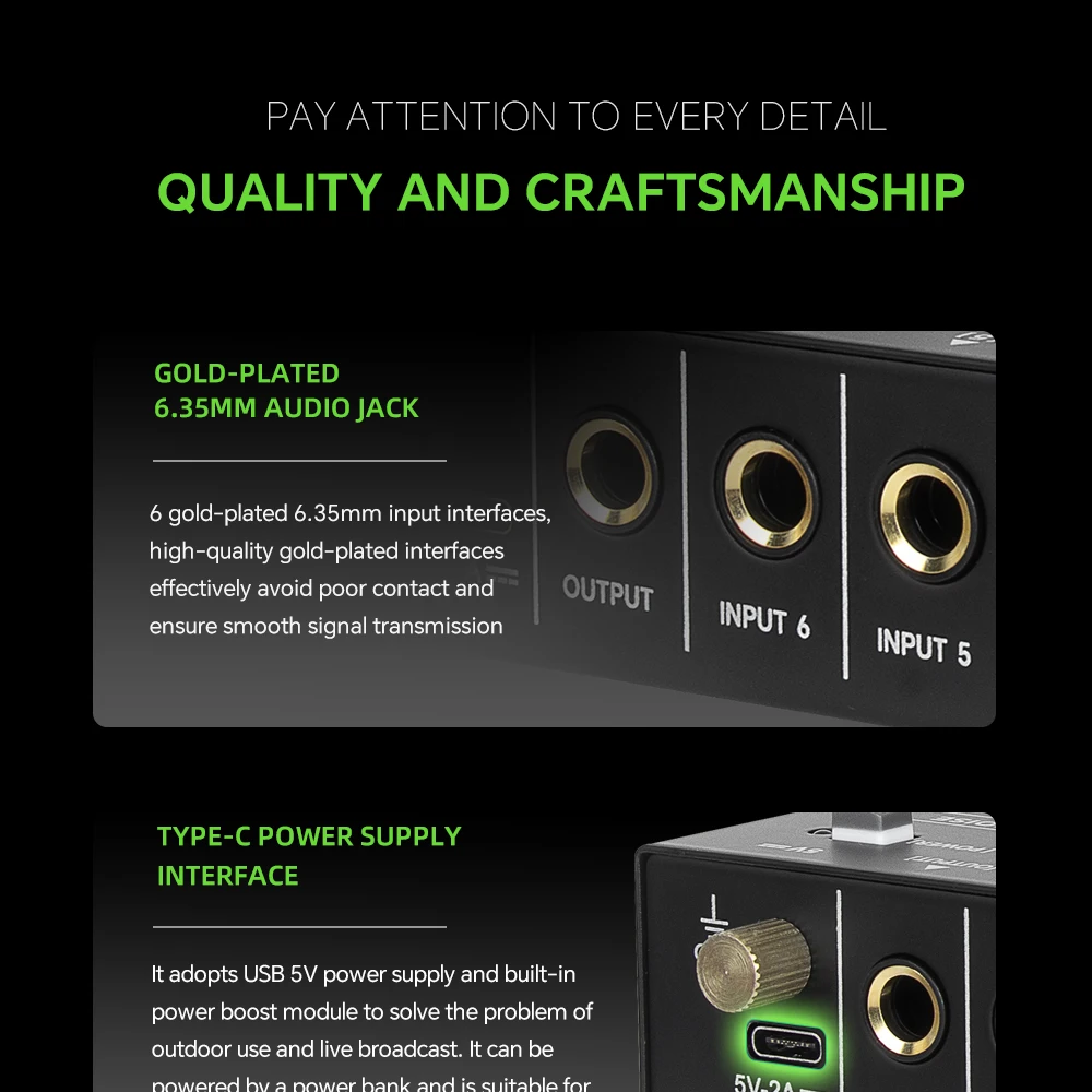 

MIX600 Простой в эксплуатации аудиомикшер с независимым управлением микрофоном для использования на гитаре, басах и сцене