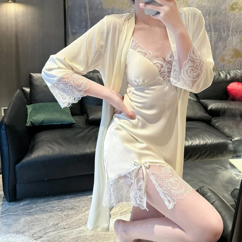 

Sexy Suspender Ice Silk Nightgown Two-piece Spring Summer Belt Chest Pad Pajamas Set Lace Lacework V-neck Ladies Home Clothes