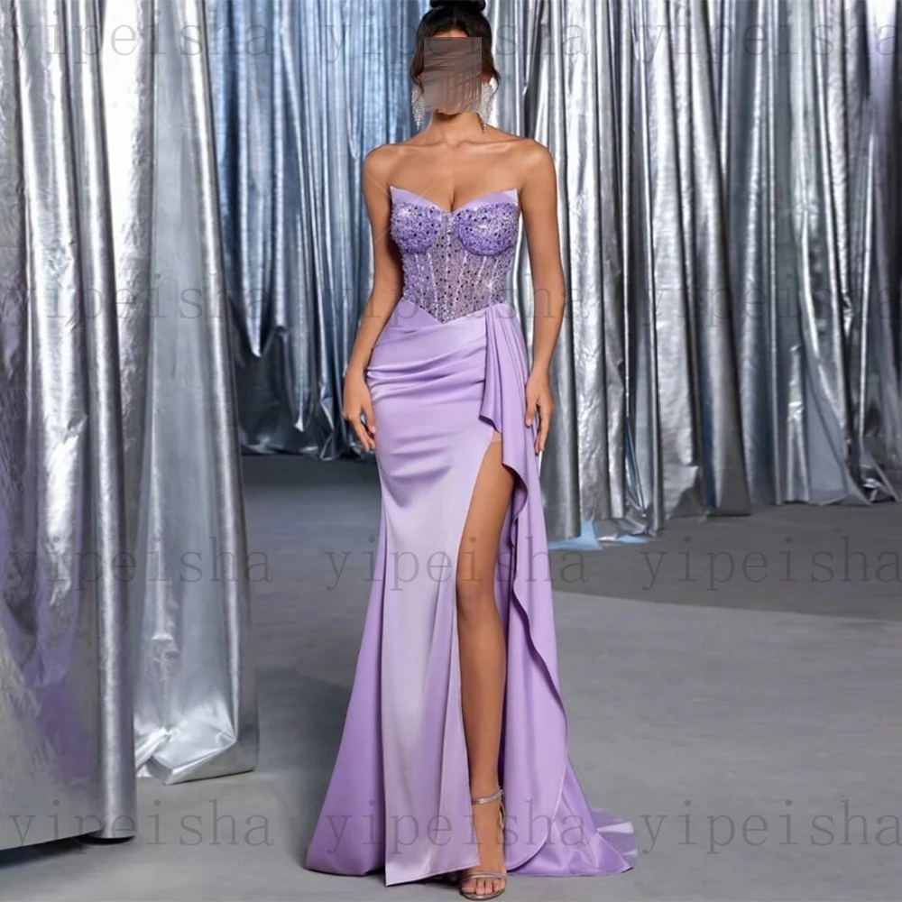 Personalizado sem alças vestidos de noite sem costas lantejoulas miçangas babados lado alta fenda sereia vestido de baile moder longo vestido de festa