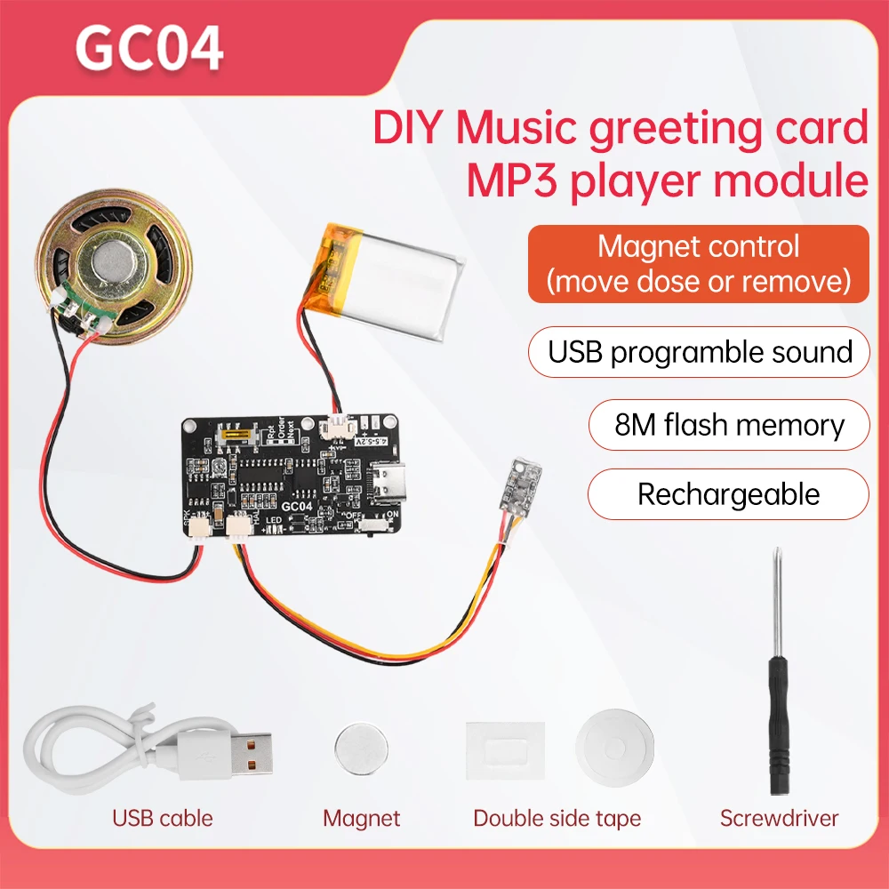 Aufnahme-Recorder-Modul, Soundmodul, magnetische Steuerung aktiviert, 8 m Kapazität, Typ C, USB, für DIY-Sprach-Audio-Spielzeug, Grußkarte