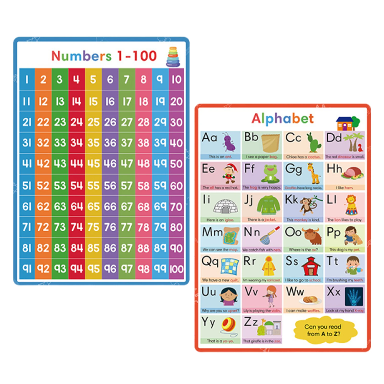 

2Pcs Alphabet Numbers Poster Kids Learning Set Bright Abc and 1-100 Number Chart for Wall Nursery Classroom Decor Educational