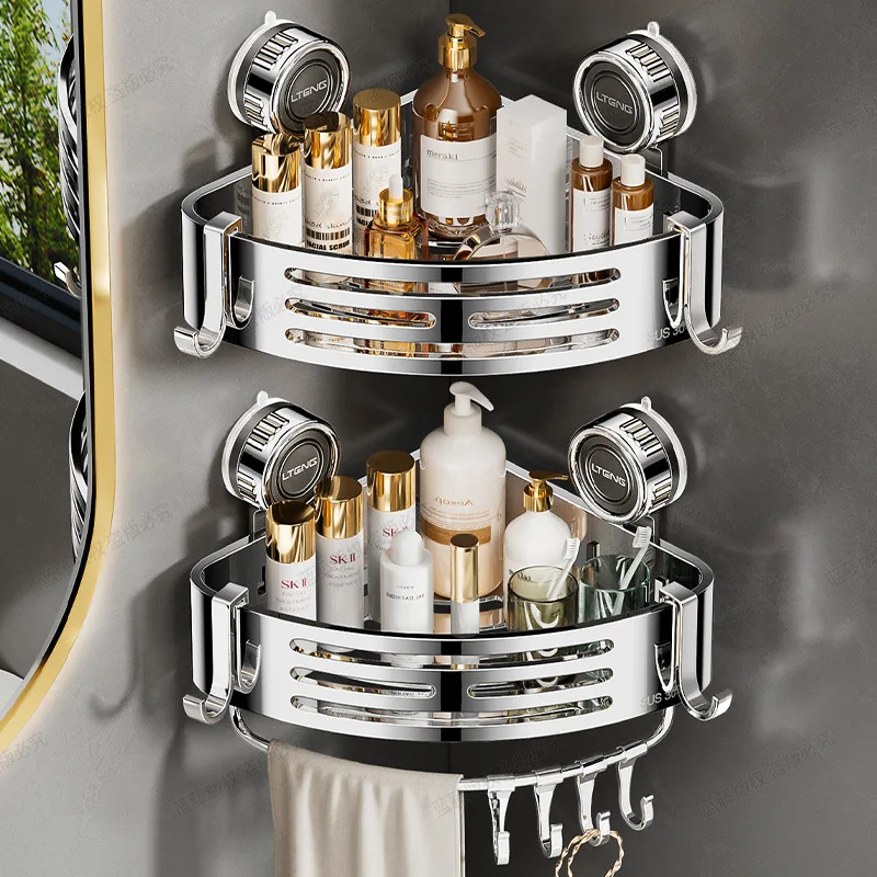 No Drill Bathroom Corner Shelf Stainless Steel Suction Cup Wall Mounted Triangle Basket Two Tier Space Saving Shower Storage