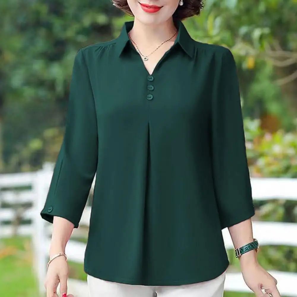 Mother Spring Summer Blouse Turn-down Collar Buttons  Solid Color 3/4 Sleeves Mom T-shirt Solid Color Loose Women Blouse Top