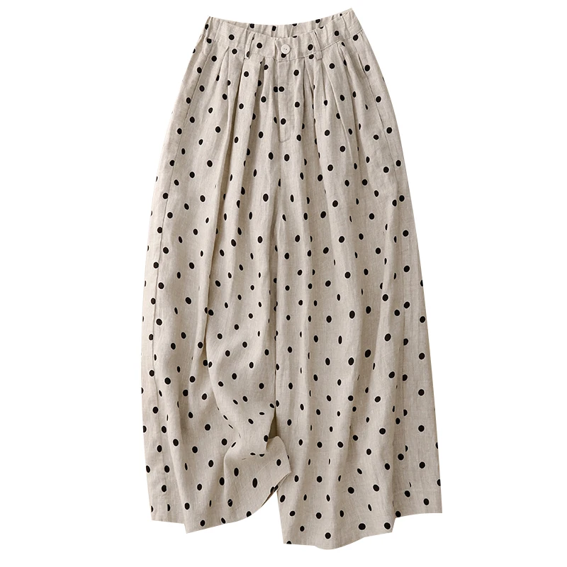 Lente Zomer Nieuwe Linnen Casual Polka Dot Print Wijde Pijpen Broek Dunne Rechte Cut Dames Casual Broek l Taille Negen Punten